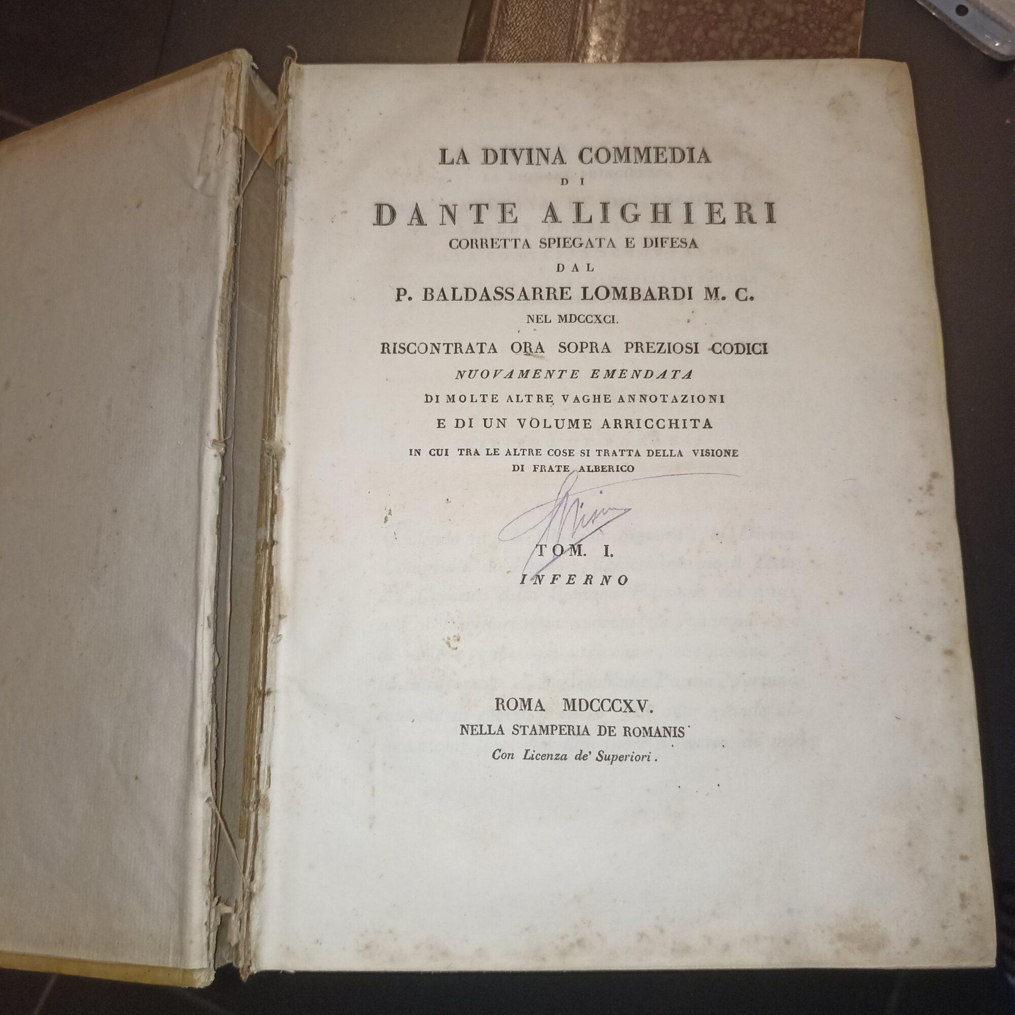 La Divina Commedia di Dante Alighieri corretta spiegata e difesa dal p. Baldassarre Lombardi M.C...3 tomi