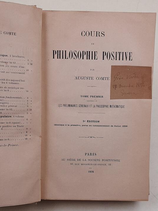 Cours de Philosophie positive- tome premier- les preliminaires generaux et la philosophie matematique - Auguste Comte - copertina
