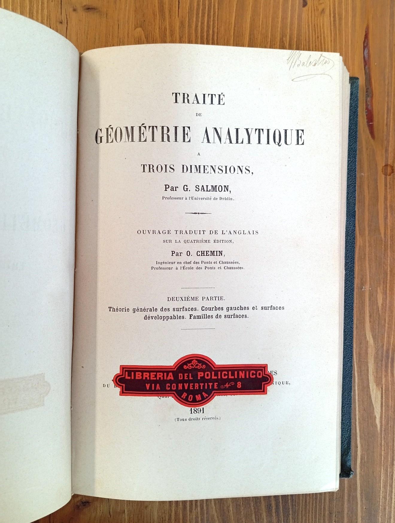 Traité de géométrie analytique à trois dimensions. Vol. I, II et III (tomo unico)
