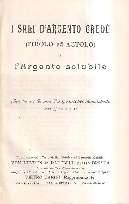 I sali d'argento Credé (itrolo ed actolo) e l'argento solubile - copertina