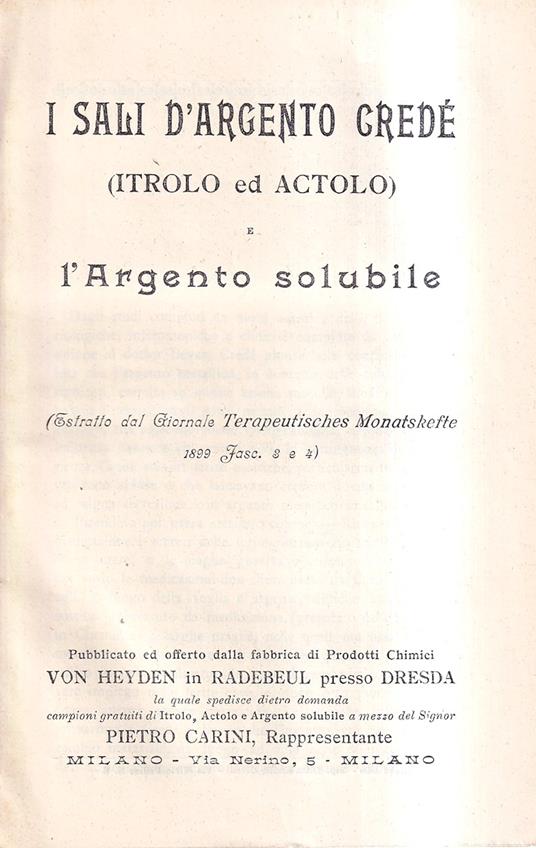 I sali d'argento Credé (itrolo ed actolo) e l'argento solubile - copertina