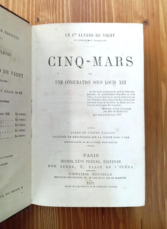 Cinq-Mars ou Une conjuration sous Louis XIII précédée de Réflexions sur la véritée dans l'art, accompagnée de documents historiques - Alfred de Vigny - copertina