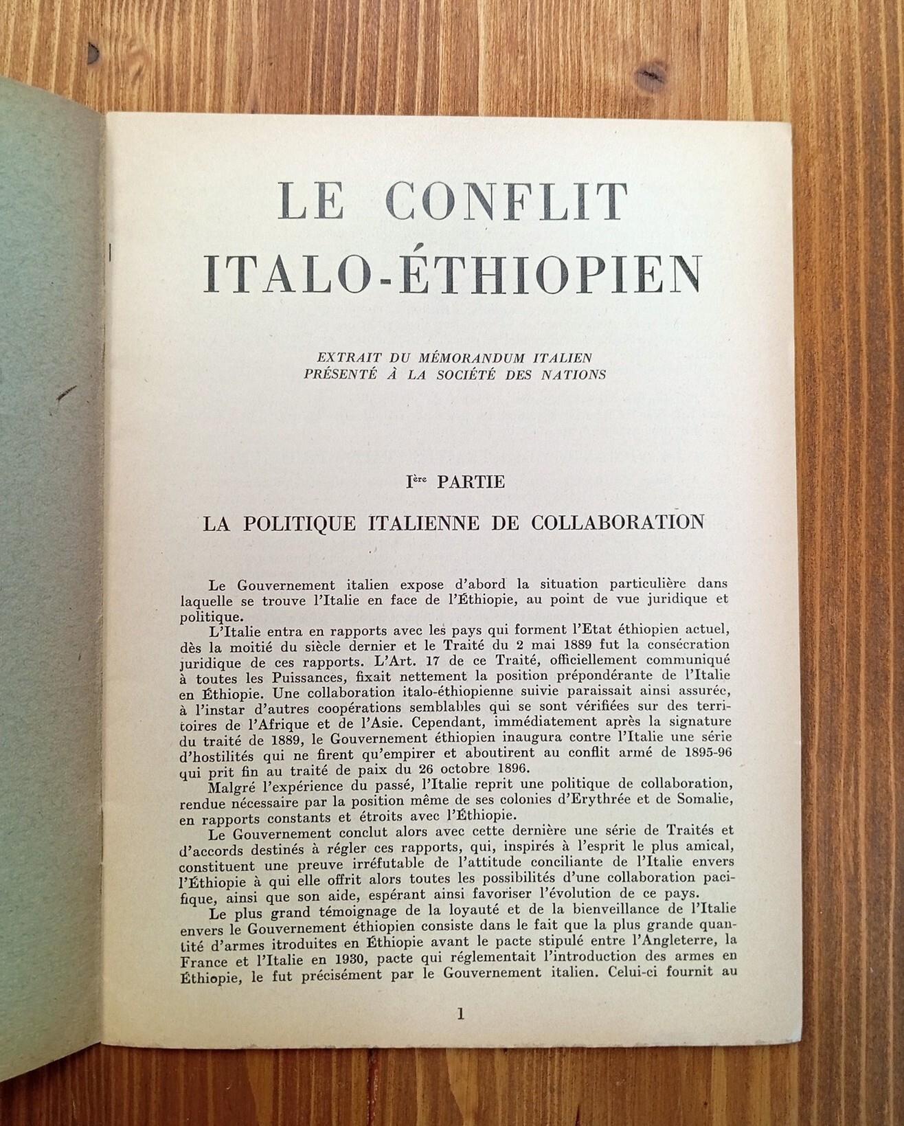 Le conflit italo-éthiopien. Extrait du Mémorandum italien présenté à la Société des Nations