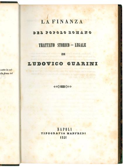 La finanza del popolo Romano. Trattato storico-legale di Ludovico Guarini - Ludovico Guarini - copertina