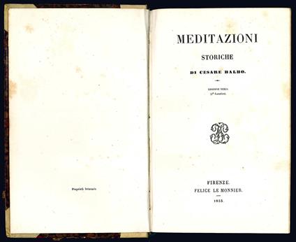 Meditazioni storiche di Cesare Balbo. edizione terza (2° fiorentina) - Cesare Balbo - copertina