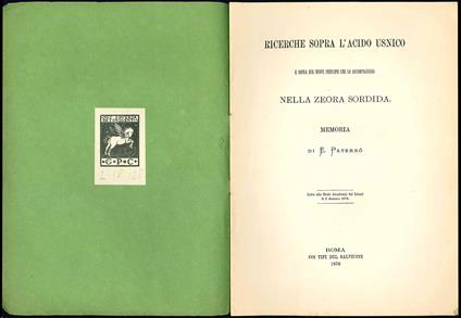 Ricerche sopra l'acido usnico e sopra due nuovi principi che lo accompagnano nella zeora sordida. Memoria di E. Paternò. Letta alla Reale Accademia dei Lincei il 2 Gennaio 1876 - E Paterno' - copertina