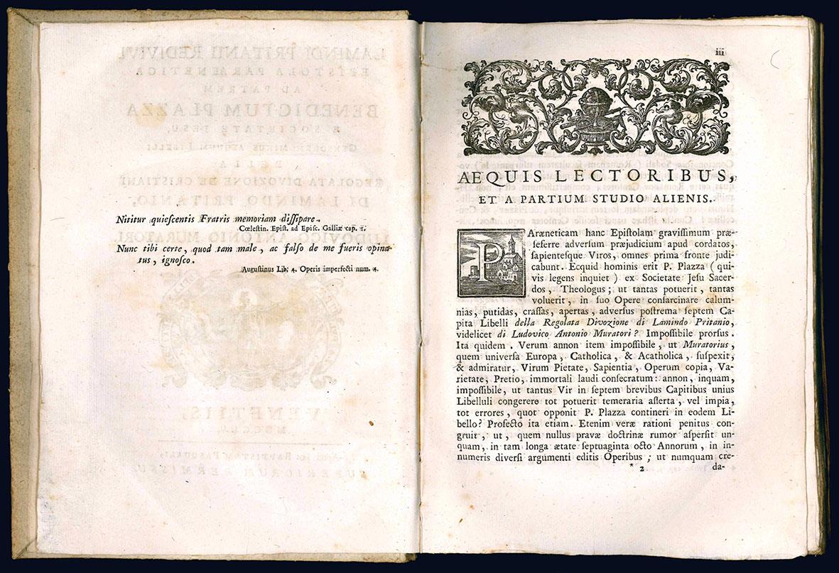 Lamindi Pritanii redivivi Epistola paraenetica ad patrem Benedictum Plazza e Societate Jesu, censorem minus aequum libelli della regolata devozione de'cristiani di Lamindo Pritanio, videlicet di Ludovico Antonio Muratori