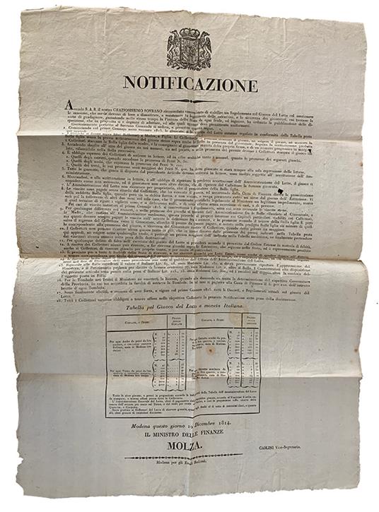 Notificazione del Regolamento sul Giuoco del Lotto. Tabella pel Giuoco del Lotto a moneta Italiana - Ducato Di Modena E Reggio - copertina