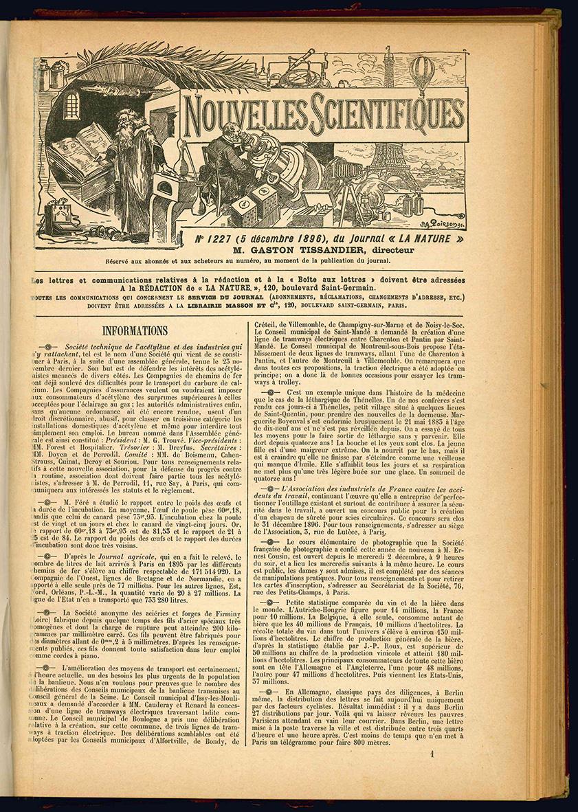 La nature. Revue des sciences et de leurs applications aux arts et a l'industrie. Journal hebdomadaire illustré. Directeur Henri de Parville. Vingt-cinquième année 1897 premier semestre. (Legato con:) Nouvelles Scientifiques (5 décembre 1896 - 29 mai