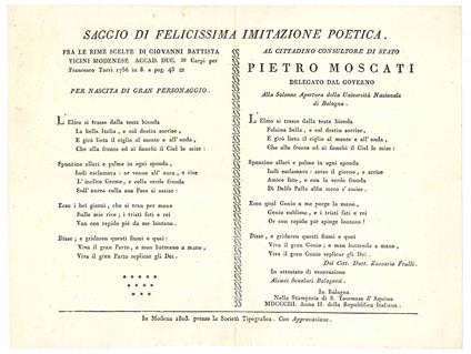 Saggio di felicissima imitazione poetica. Al cittadino consultore di Stato Pietro Moscati delegato dal governo alla solenne apertura della Università Nazionale di Bologna - Universita' Di Bologna - copertina