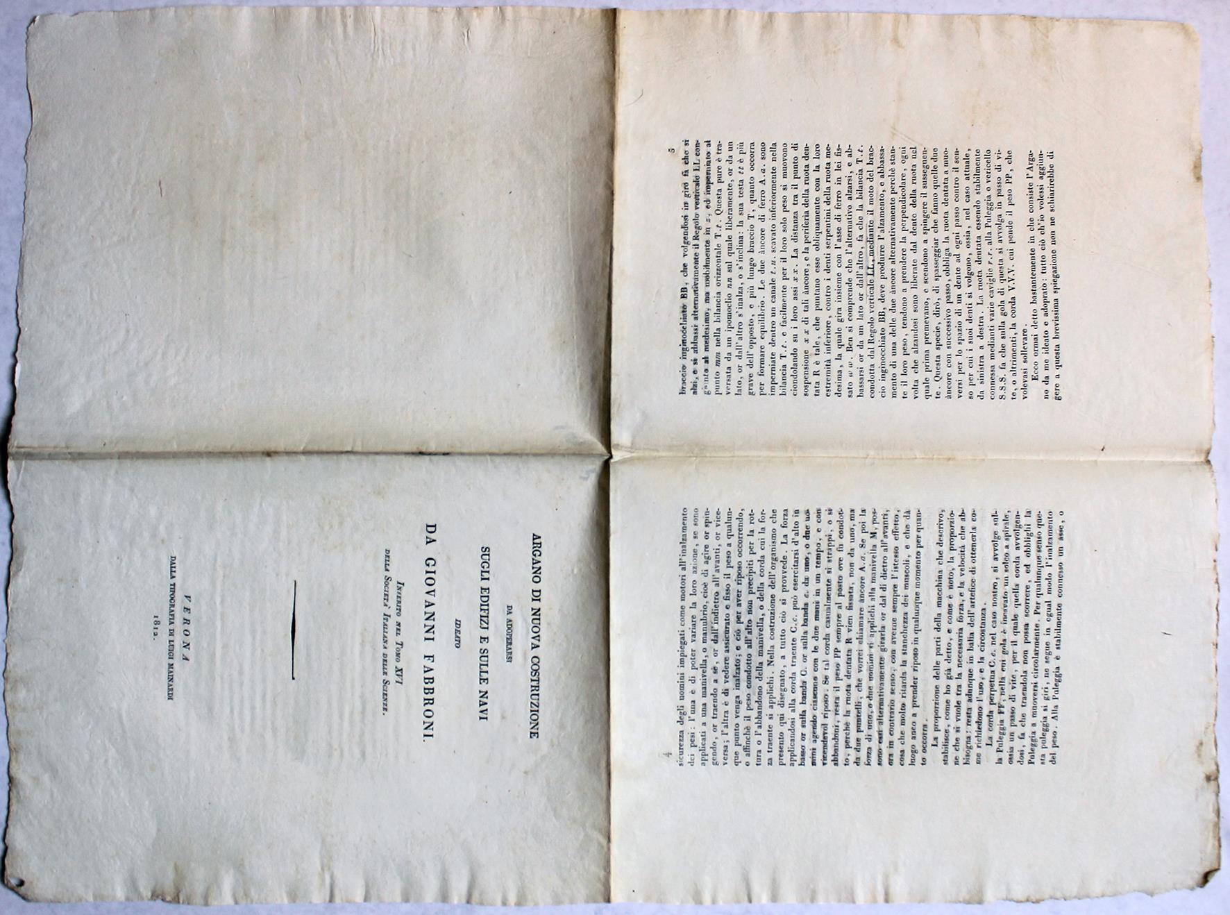 Argano di nuova costruzione da adoperarsi sugli edifizj e sulle navi ideato da Giovanni Fabbroni. Inserito nel Tomo XVI della Società Italiana delle Scienze