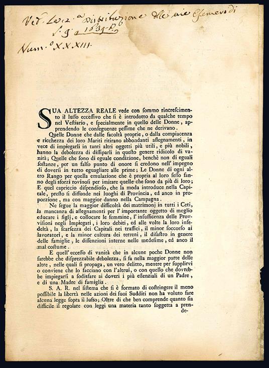Sua altezza reale vede con sommo rincrescimento il lusso eccessivo che si è introdotto da qualche tempo nel vestiario, e specialmente in quello delle Donne… - copertina