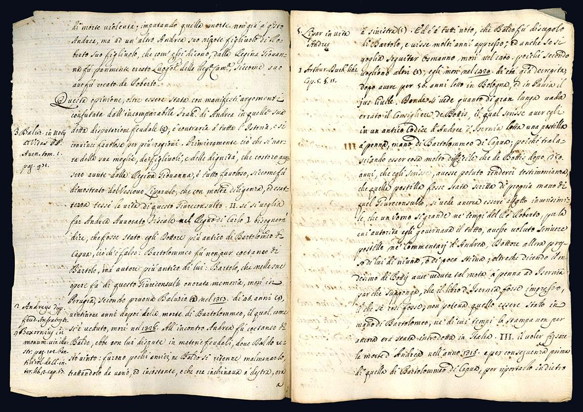 Estratto dalla Istoria civile del Regno di Napoli relativo alla vita di Andrea d'Isernia (metà XVIII secolo)