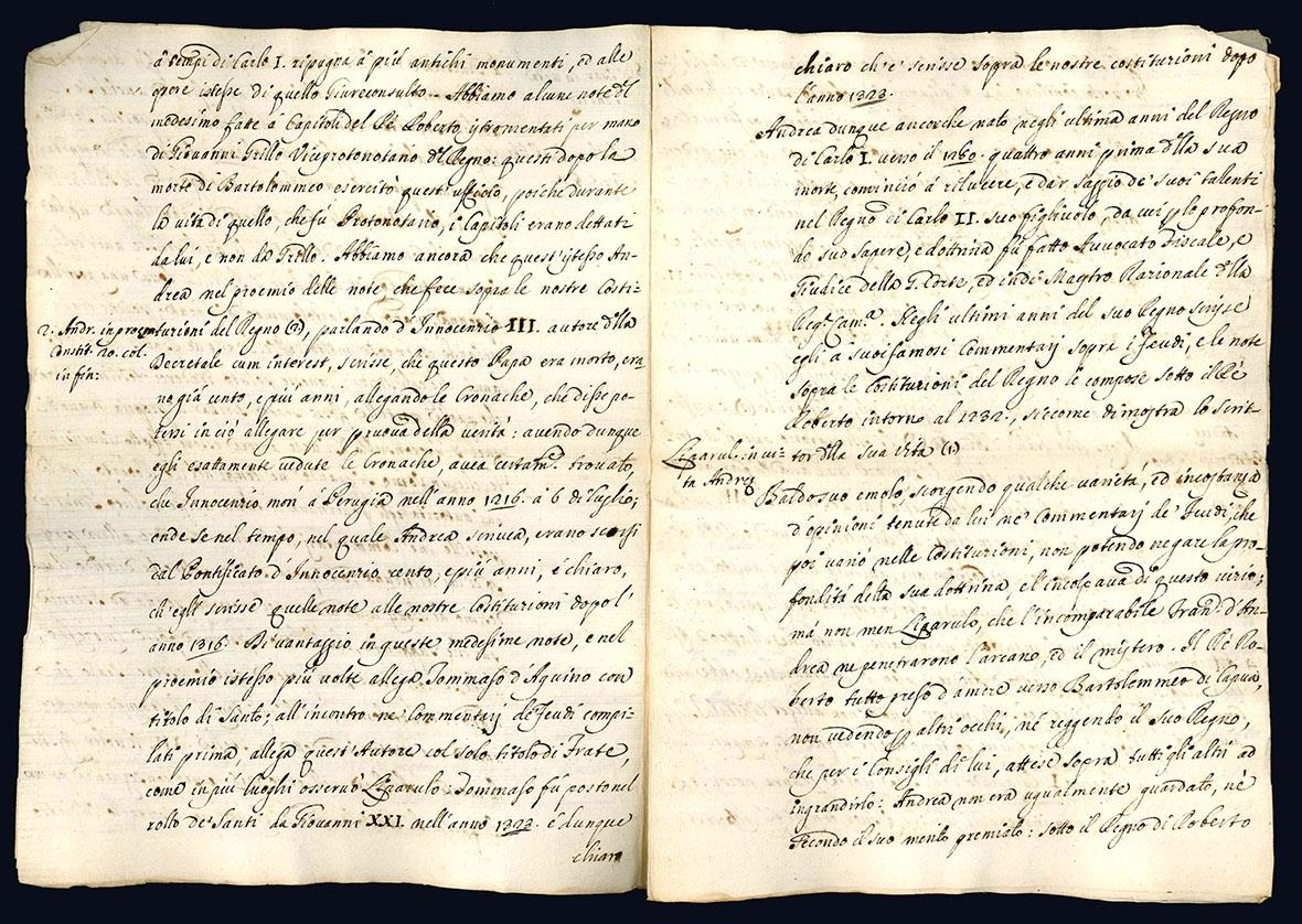 Estratto dalla Istoria civile del Regno di Napoli relativo alla vita di Andrea d'Isernia (metà XVIII secolo)