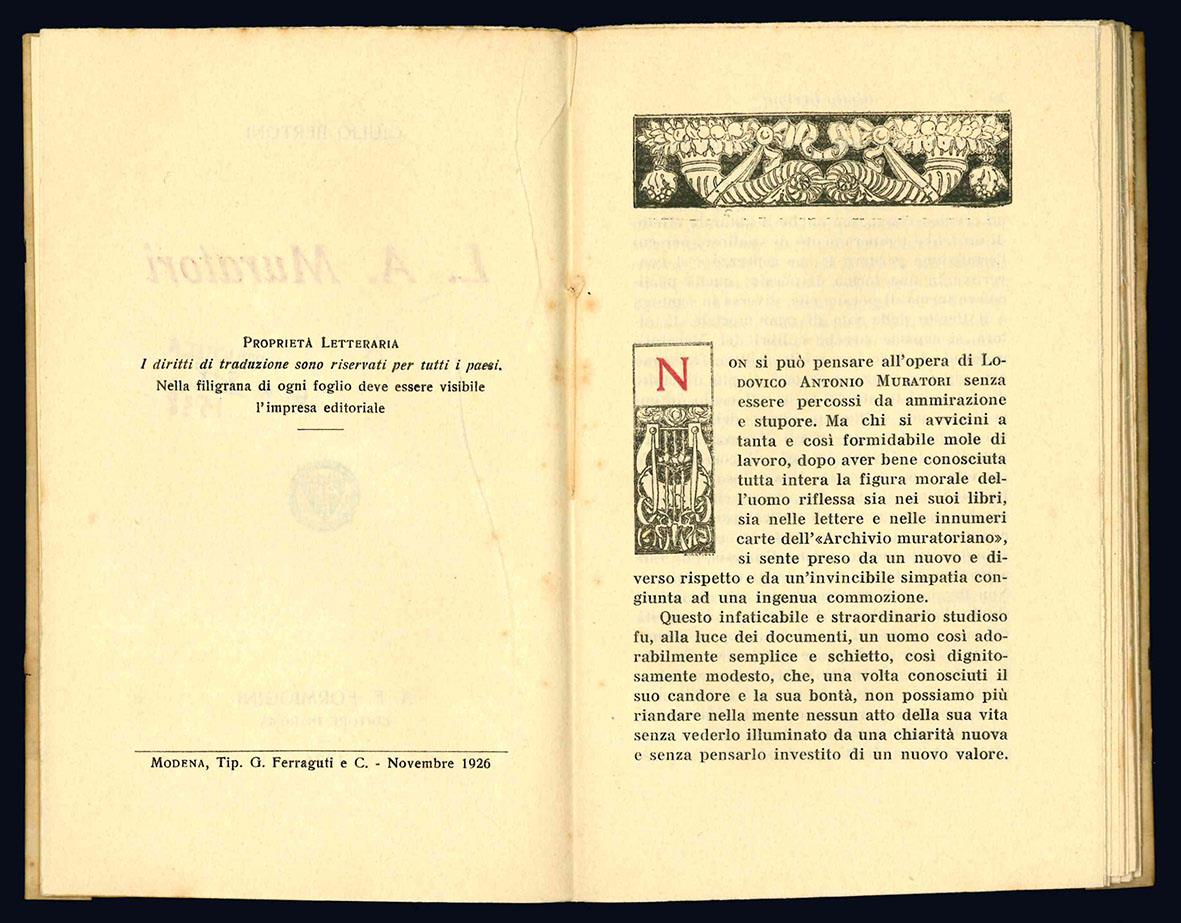 Muratori. Profilo N. 87. (Offerto insieme a:) BORSARA, Guido. L. A. Muratori sacerdote e sapiente. Con disegni del pittore Ettore Pizzini. 2° Edizione.(Offerto insieme a:) MANZINI, Ferdinando. Lodovico Antonio Muratori cittadino ideale dell'Italia. (