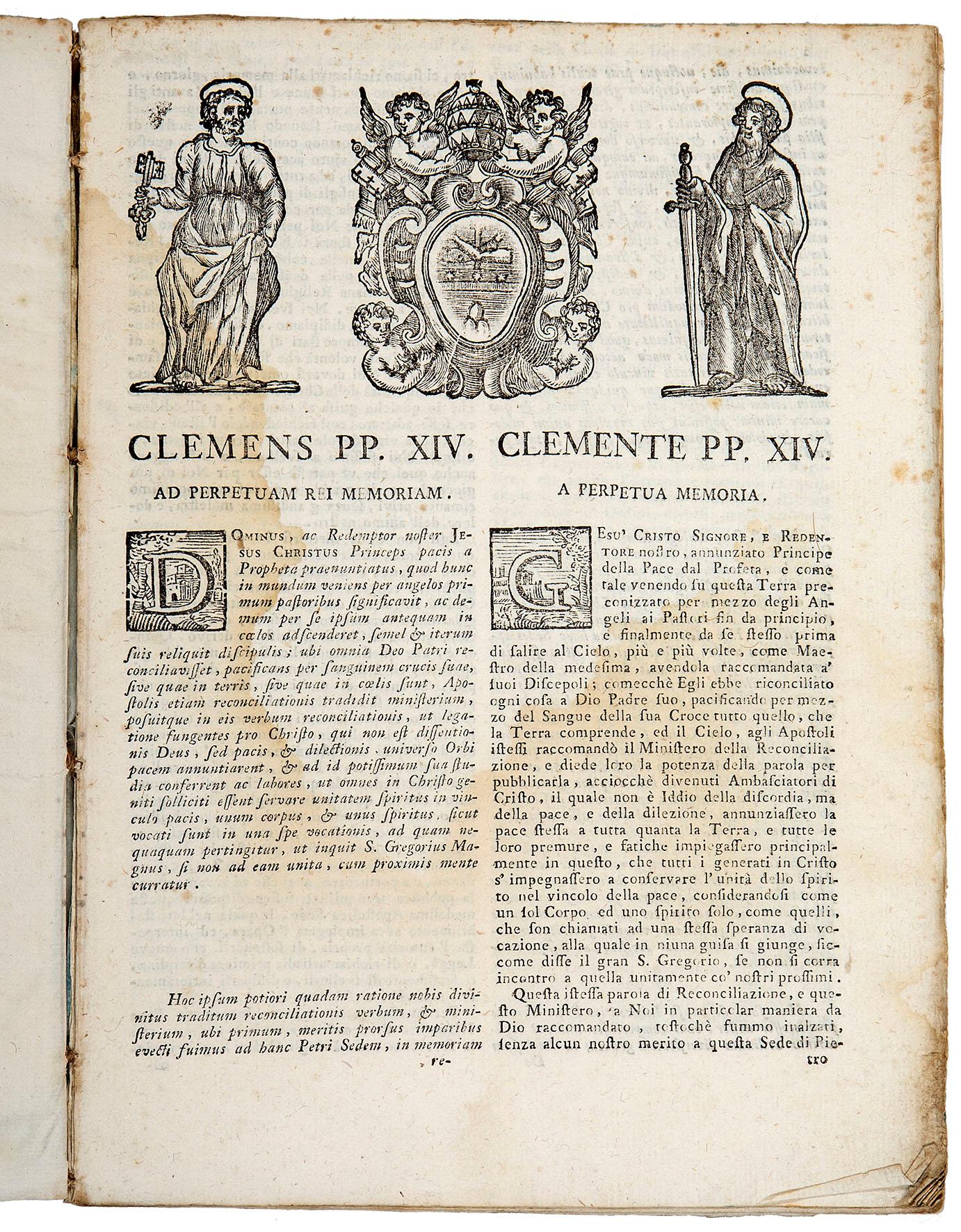 Clemens PP. XIV. Ad perpetuam rei memoriam. Dominus, ac Redemptor… Roma, 21 luglio 1773 [Datum Romae apud Sanctam Mariam Majorem sub annulo Piscator. die XXI. Julii MDCCLXXIII. Pontificatus nostri anno quinto]