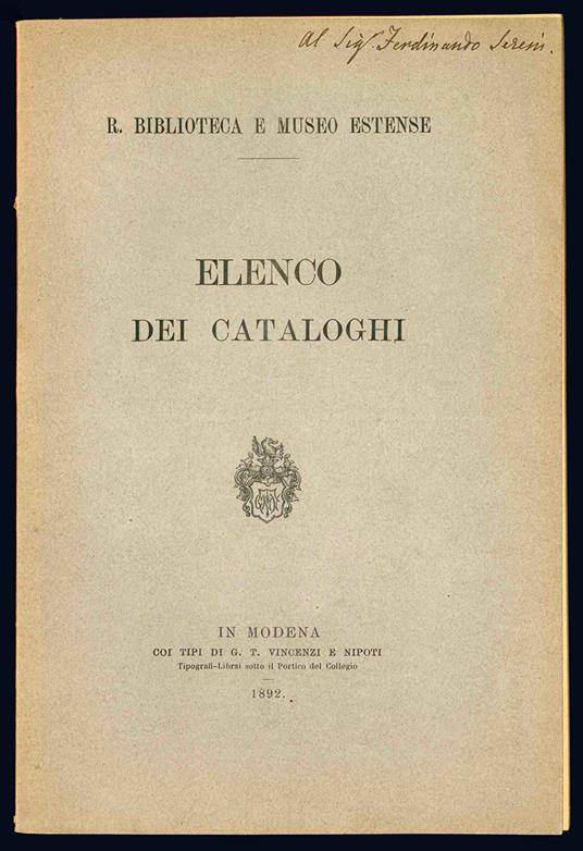 Elenco dei cataloghi - R. Biblioteca E Museo Estense - copertina