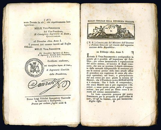Foglio officiale della Repubblica Italiana contenente i Decreti, i Proclami, Circolare ed Avvisi riguardanti l'amministrazione, pubblicati dall'epoca dell'istallazione del Governo Costituzionale al 31 dicembre 1802. Anno I. N. 1 al 20 - Italiana Repubblica - copertina