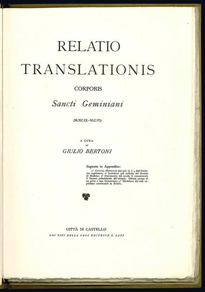 Relatio translationis corporis Sancti Geminiani (M.XC.IX-M.C.VI) - Giulio Bertoni - copertina