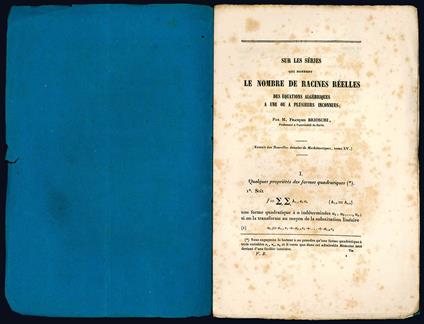 Sur les séries qui donnent le nombre de racines réelles des équations algébriques a une ou a plusieurs inconnues. Extrait des Nouvelles Annales de Mathématiques, tome XV - Francesco Brioschi - copertina