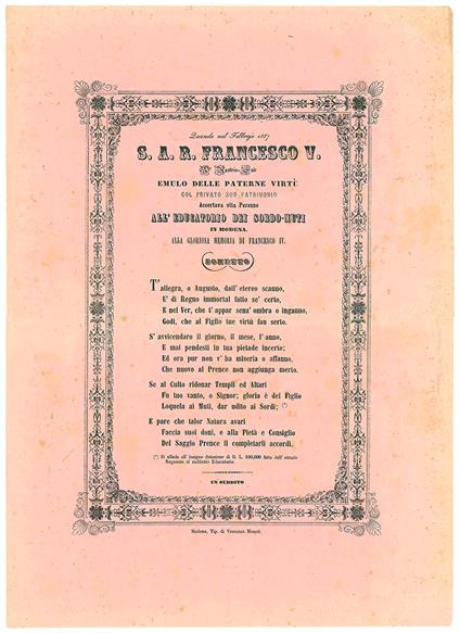 Quando nel Febbraio 1857 S.A.R. Francesco V d'Austria-Este emulo delle paterne virtù col privato suo patrimonio accertava vita perenne all'Educatorio dei sordo-muti in Modena alla gloriosa memoria di Francesco IV. Sonetto - Modena - copertina