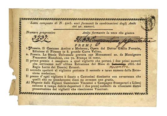 Lotto composto di N. 4005 voci formanti la combinazione degli Ambi dei 90 numeri - Geminiano E Compagno Stampatori E Librai Vincenzi - copertina