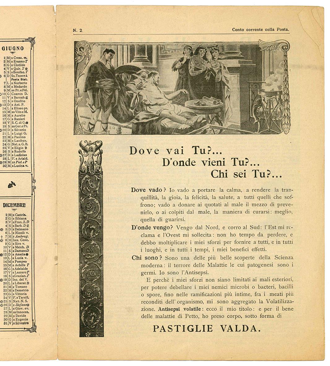 Bollettino pubblicitario illustrato delle celebri pastiglie Valda