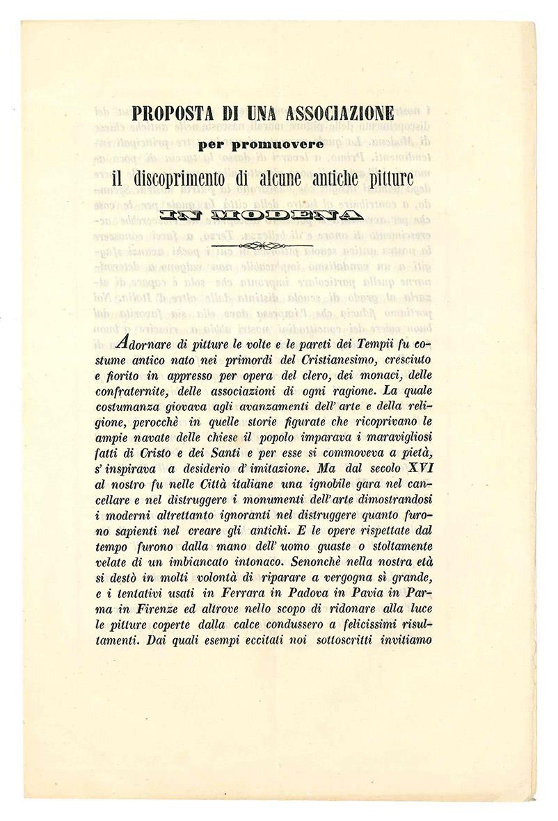 Proposta di una associazione per promuovere il discoprimento di alcune antiche pitture in Modena