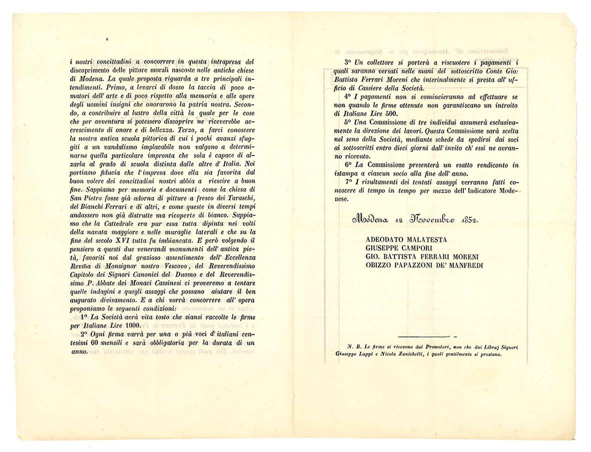 Proposta di una associazione per promuovere il discoprimento di alcune antiche pitture in Modena