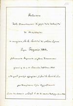 Relazione delle Dimostrazioni di gioja date dalla città di Macerata in occasione, che la Santità di Nostro Signore Papa Gregorio XVI. felicemente Regnante vi fece dimora nei giorni 9. 10. e 11. Settembre dell'Anno 1841. e di quali graziose espression