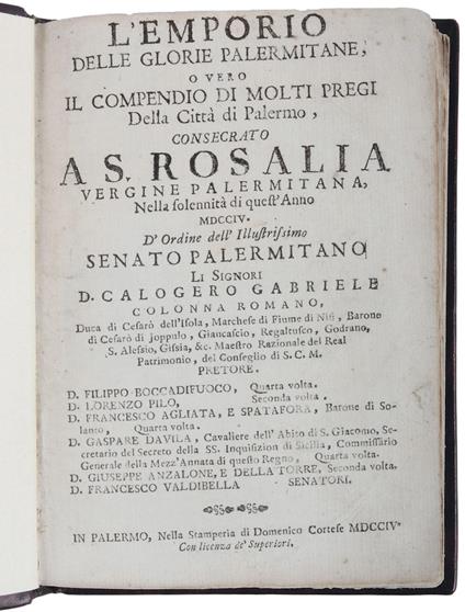 L' Emporio delle glorie palermitane, o vero il compendio di molti pregi della Città di Palermo, consecrato a S. Rosalia Vergine Palermitana, nella solennità di quest'anno 1704 - Ignazio De Vio - copertina