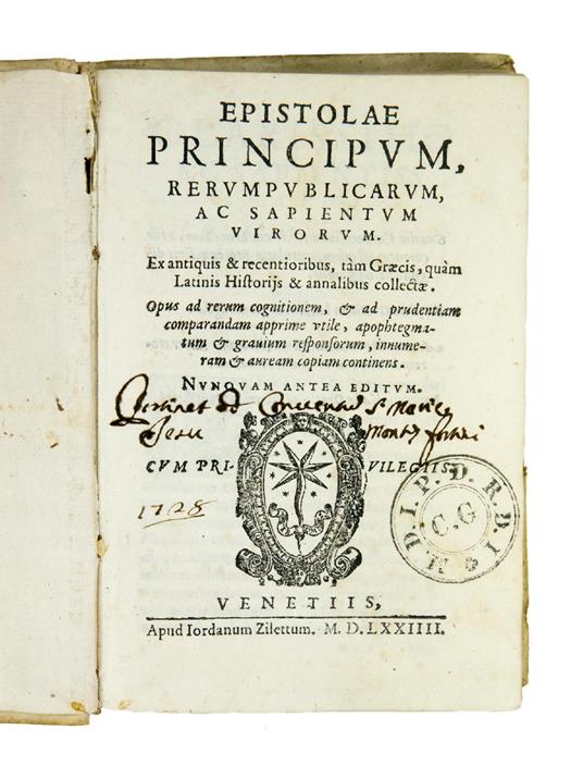Epistolae principum, rerumpublicarum ac sapientium virorum. Ex antiquis & recentioribus, tam Graecis, quam Latinis Historijs & annalibus collectae. Opus ad rerum cognitionem, & ad prudentiam comparandam apprime utile, apophtegmatum & gravium responso - Girolamo, Ed. Donzellini - copertina