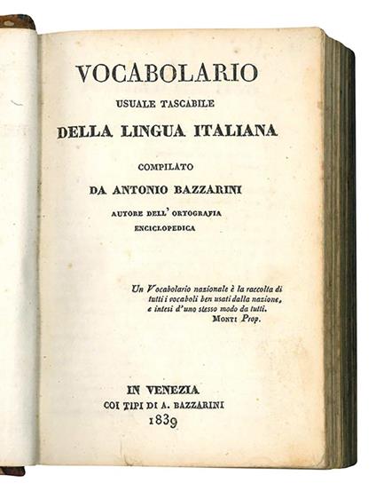 Vocabolario usuale tascabile della lingua italiana compilato da Antonio Bazzarini autore dell'ortografia enciclopedica - Antonio Bazzarini - copertina