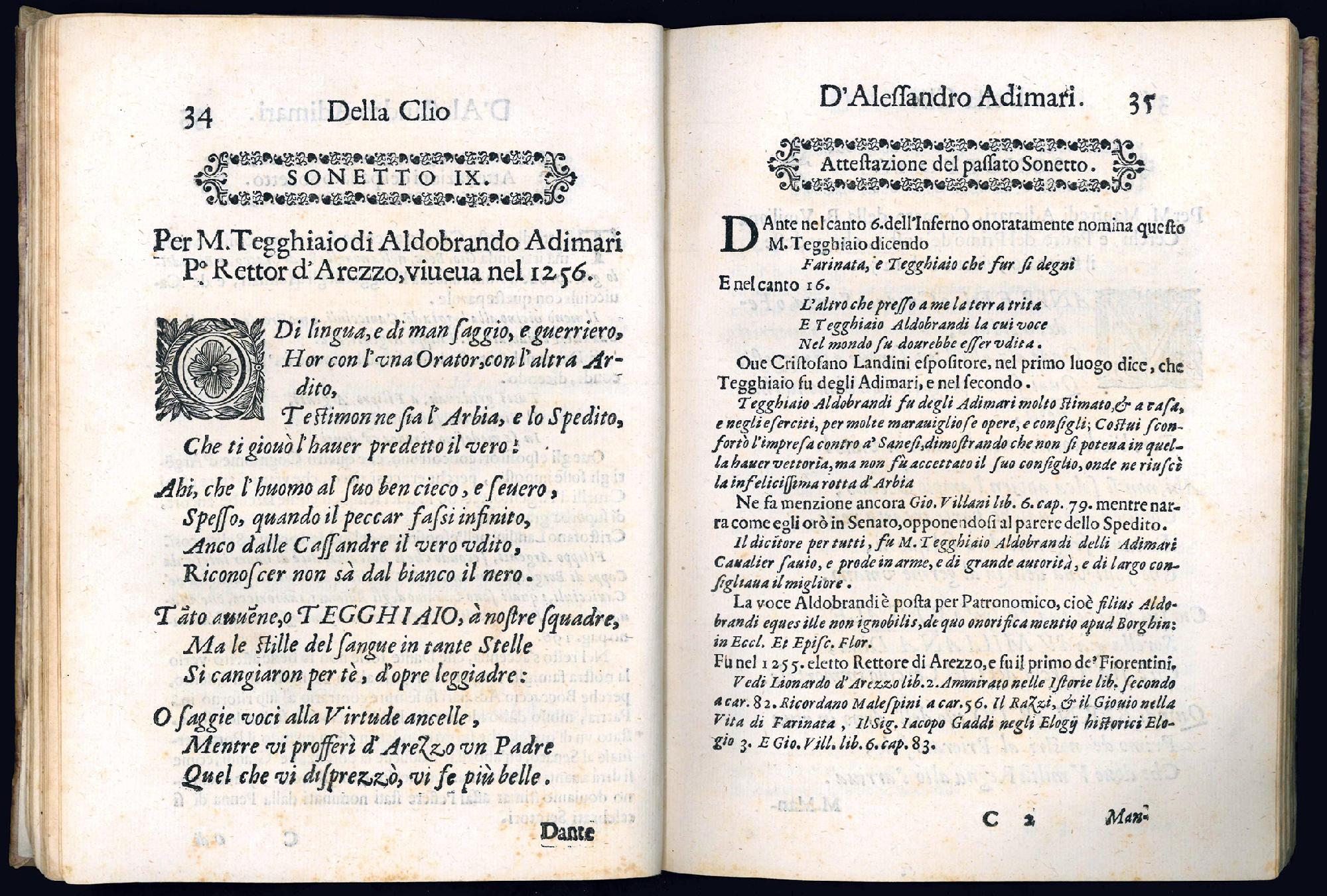 La Clio overo Cinquanta sonetti sopra più persone della famiglia o casata degli Adimari che da che s'ha notizia del suo principio in Firenze fino all'anno 1550 sono stati per qualche virtù o dignita meritevoli di memoria. Opera d'Alessandro Adimari f