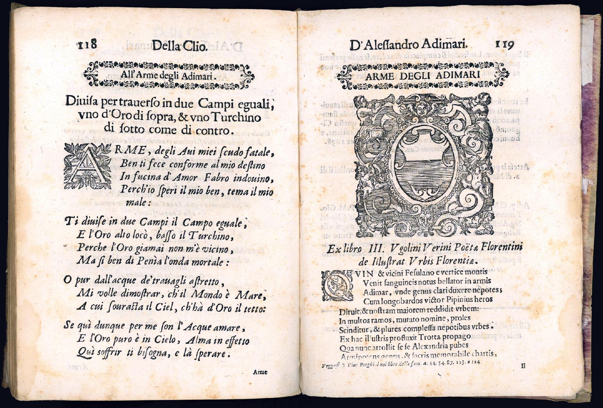 La Clio overo Cinquanta sonetti sopra più persone della famiglia o casata degli Adimari che da che s'ha notizia del suo principio in Firenze fino all'anno 1550 sono stati per qualche virtù o dignita meritevoli di memoria. Opera d'Alessandro Adimari f