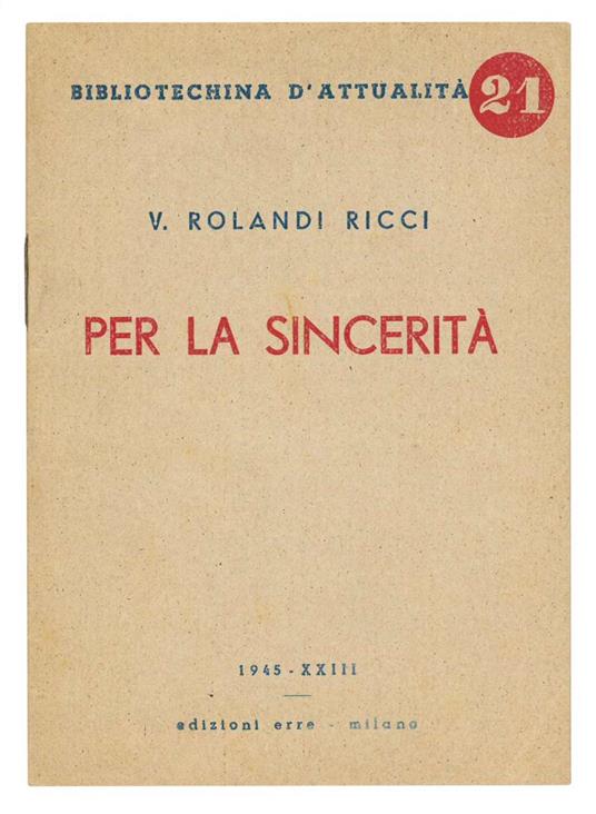 Per la sincerità - Vittorio Amedeo Rolandi Ricci - copertina