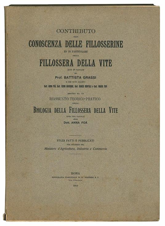 Contributo alla conoscenza delle fillosserine ed in particolare della fillossera della vite (con 19 tavole) del prof. Battista Grassi e dei suoi allievi ... seguito da un riassunto teorico-pratico della biologia della fillossera della vite (con una t - Battista Grassi - copertina
