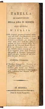 Tabella di ragguaglio della lira di Modena con quella d'Italia colle frazioni progressivamente unite sino alle lire 100 Modenesi [...] con altra tabella infine inversa per avere il rapporto della lira italiana con quella di Modena
