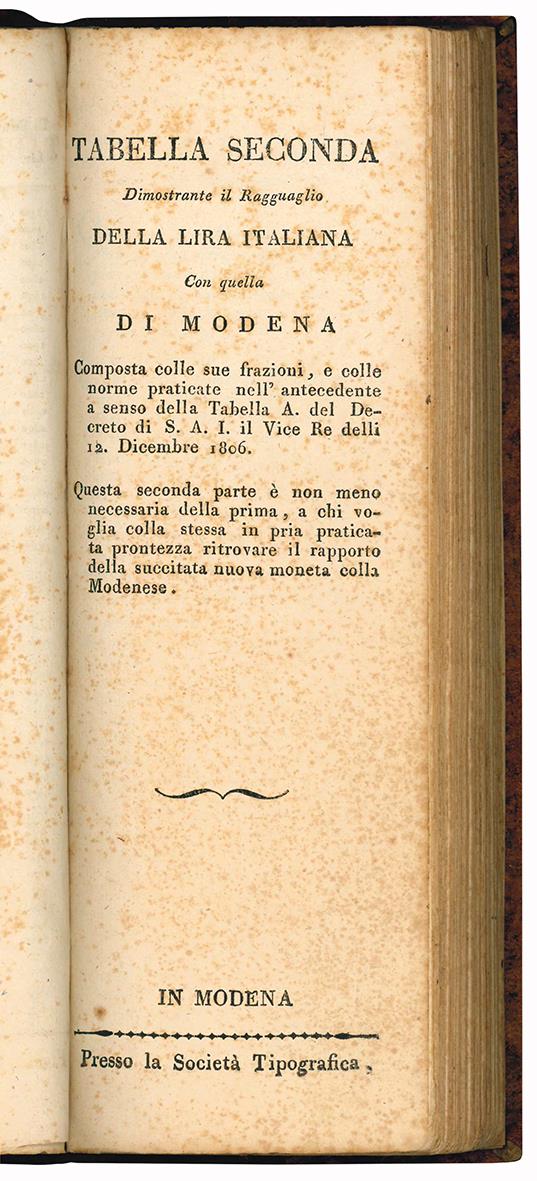 Tabella di ragguaglio della lira di Modena con quella d'Italia colle frazioni progressivamente unite sino alle lire 100 Modenesi [...] con altra tabella infine inversa per avere il rapporto della lira italiana con quella di Modena