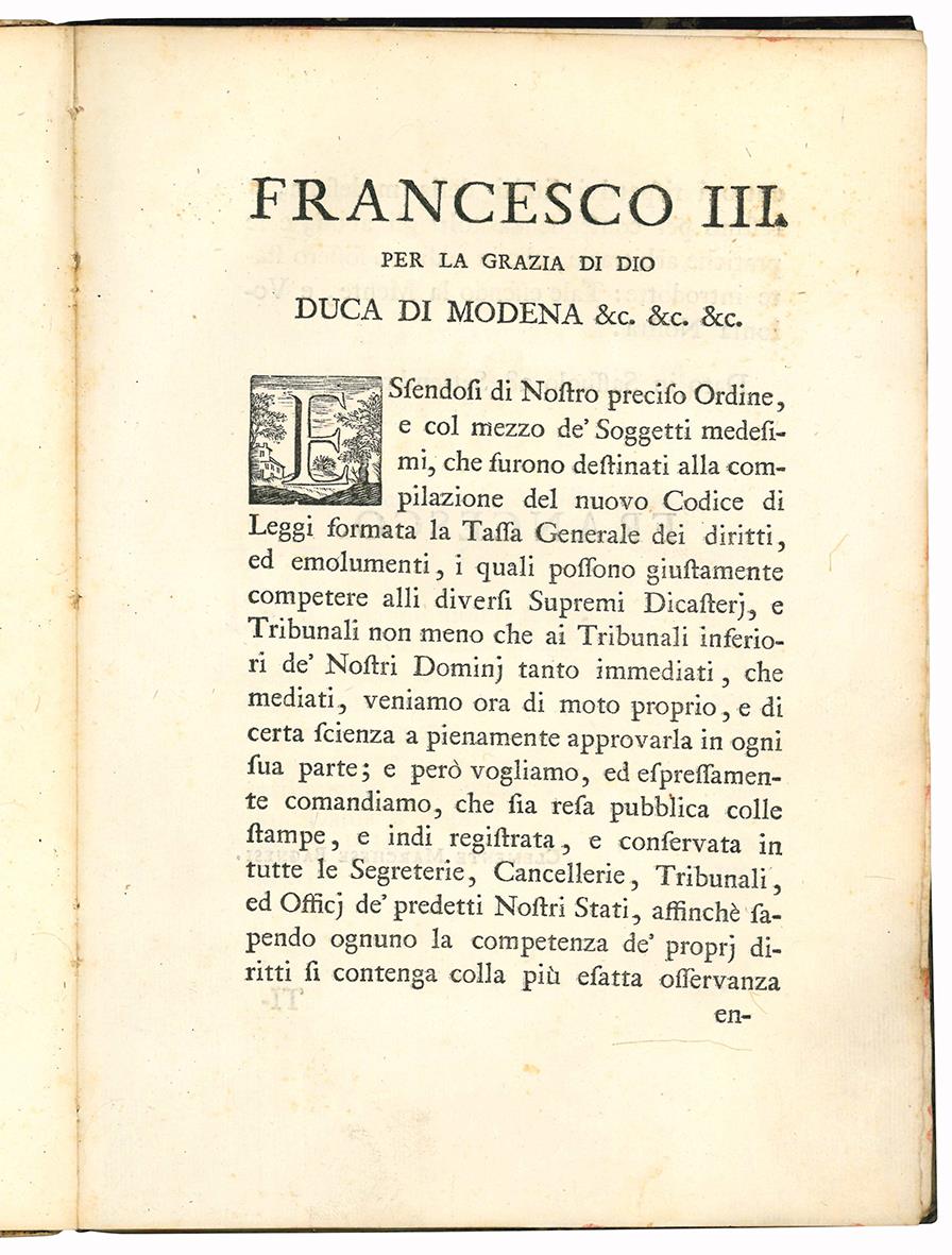 Tassa generale dei diritti competenti ai diversi dicasterj, supremi tribunali, e magistrati della città di Modena
