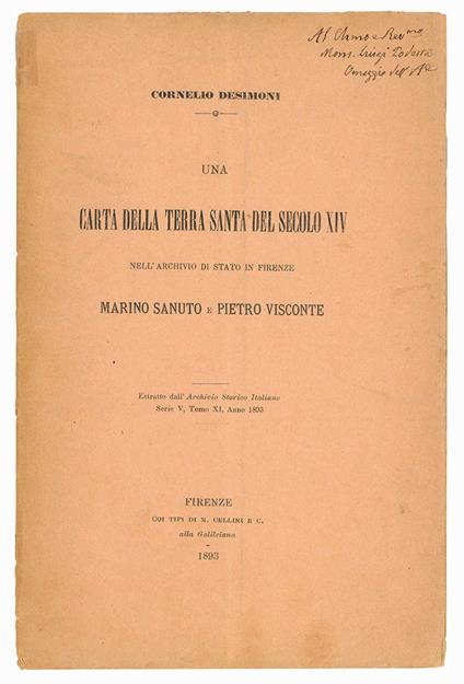 Una carta della Terra Santa del secolo XIV nell'Archivio di Stato in Firenze. Marino Sanuto e Pietro Visconte - Cornelio Desimoni - copertina