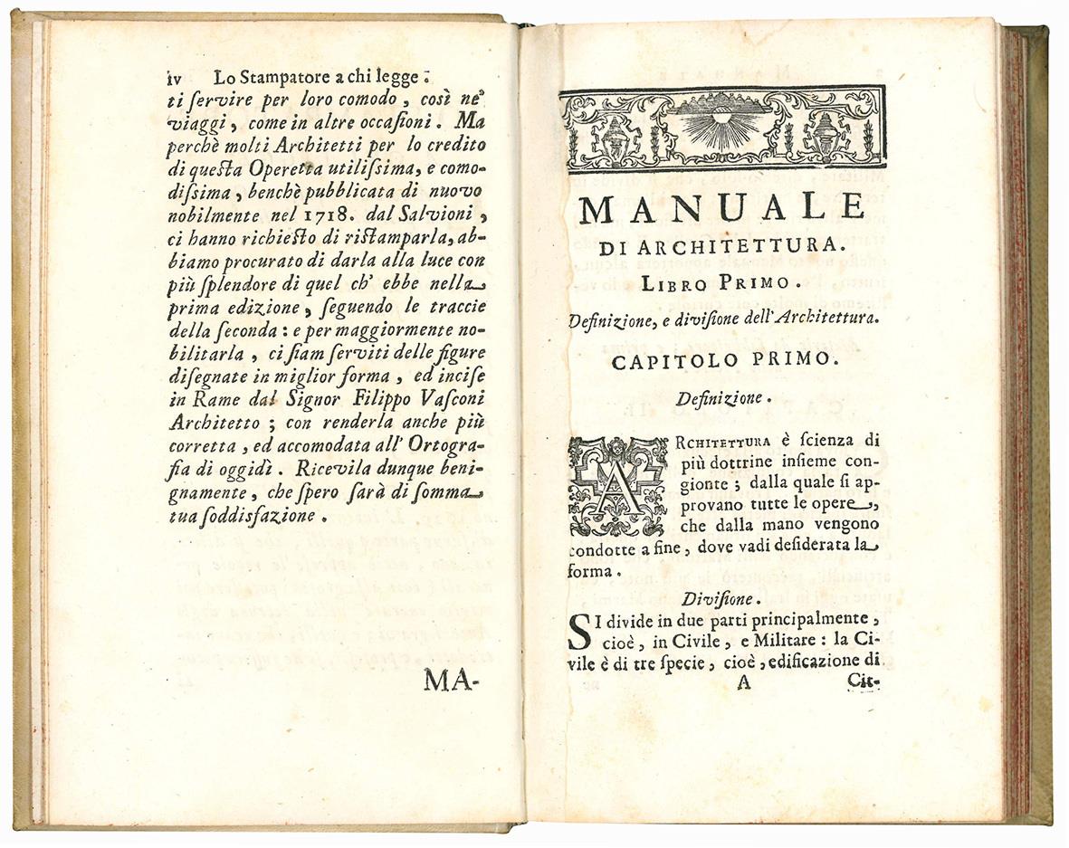 Manuale di architettura di Giovanni Branca architetto della S. Casa di Loreto. Con figure in rame delineate, ed incise da Filippo Vasconi architetto romano. Nuova edizione