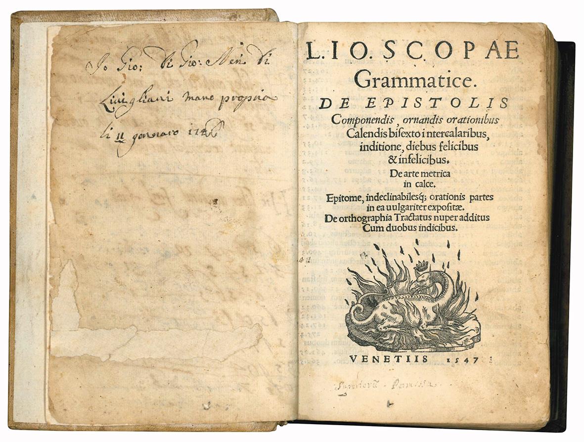 L. Io. Scopae Grammatice. De epistolis componendis, ornandis orationibus, calendis, bisexto intercalaribus, inditione, diebus felicibus & infelicibus. De arte medica in calce. Epitome, indeclinabilesque orationis partes in ea vulgariter expositæ. De