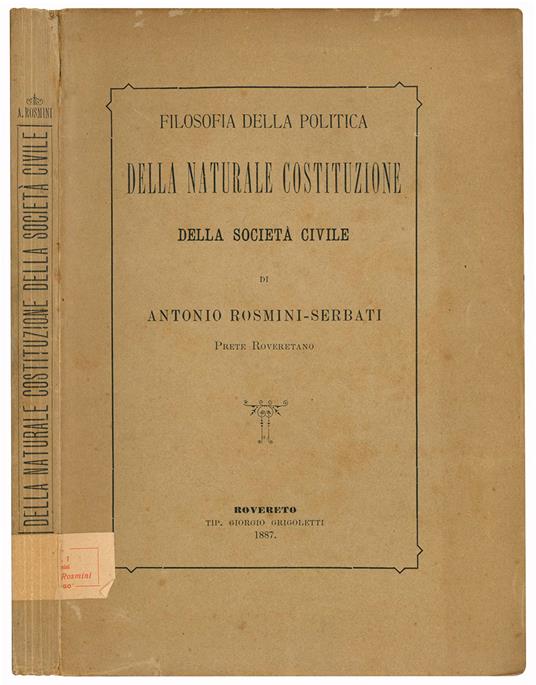 Filosofia della politica. Della naturale costituzione della società civile - Antonio Rosmini Serbati - copertina