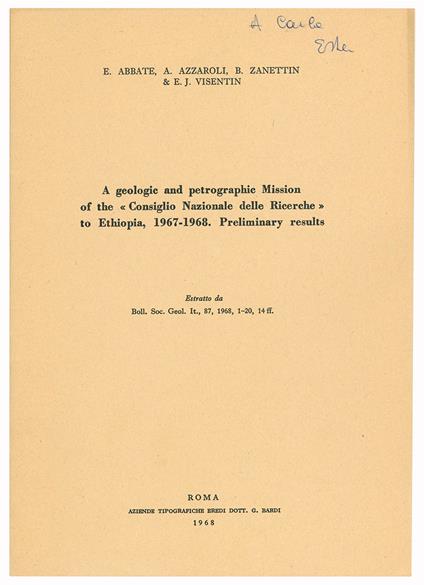 A geologic and petrographic Mission of the «Consiglio Nazionale delle Ricerche» to Ethiopia, 1967-1968. Preliminary results - E. Abbate - copertina