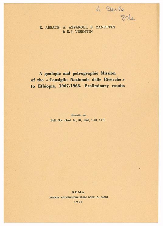 A geologic and petrographic Mission of the «Consiglio Nazionale delle Ricerche» to Ethiopia, 1967-1968. Preliminary results - E. Abbate - copertina