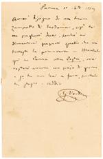 Autograph letter signed and addressed to Luigi Bezzi, owner of the Albergo del Canaletto at Reggio di Modena, about the delivery of a 