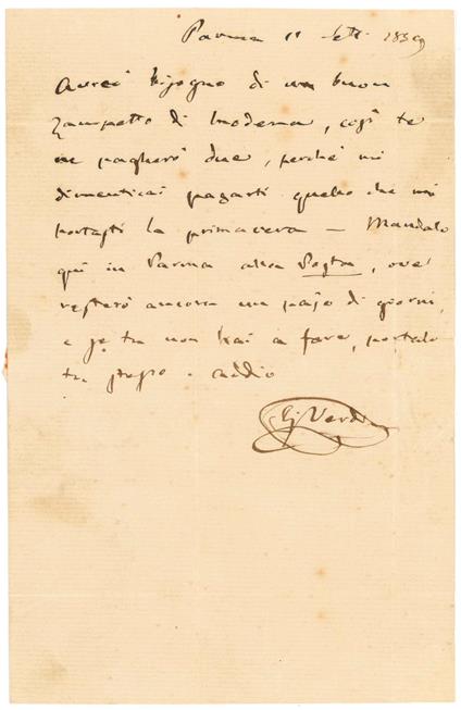 Autograph letter signed and addressed to Luigi Bezzi, owner of the Albergo del Canaletto at Reggio di Modena, about the delivery of a "zampetto di Modena". Parma, 11 September 1859 - Giuseppe Verdi - copertina