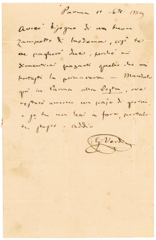 Autograph letter signed and addressed to Luigi Bezzi, owner of the Albergo del Canaletto at Reggio di Modena, about the delivery of a "zampetto di Modena". Parma, 11 September 1859 - Giuseppe Verdi - copertina