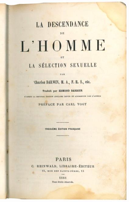 La descendance de l'homme et la sélection sexuelle - Charles Darwin - copertina